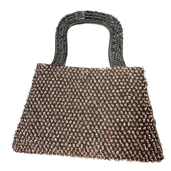 Vintage Brown Black and Amber Beaded Cocktail Purse with Handle Magnetic Closure - Picture 1 of 5